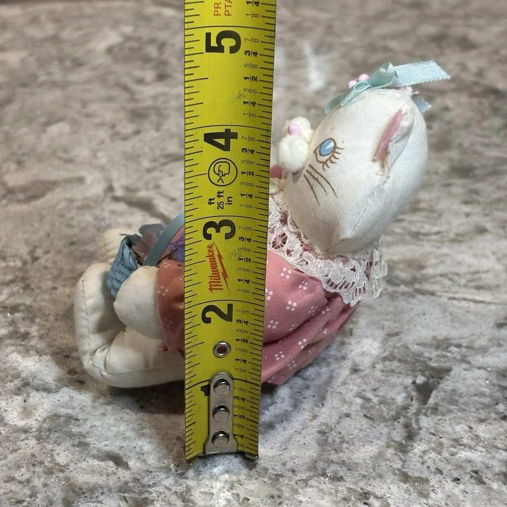 Rare Vintage Enesco 1980s Mini Plush Kitten White Cat Easter Dress Basket Decor